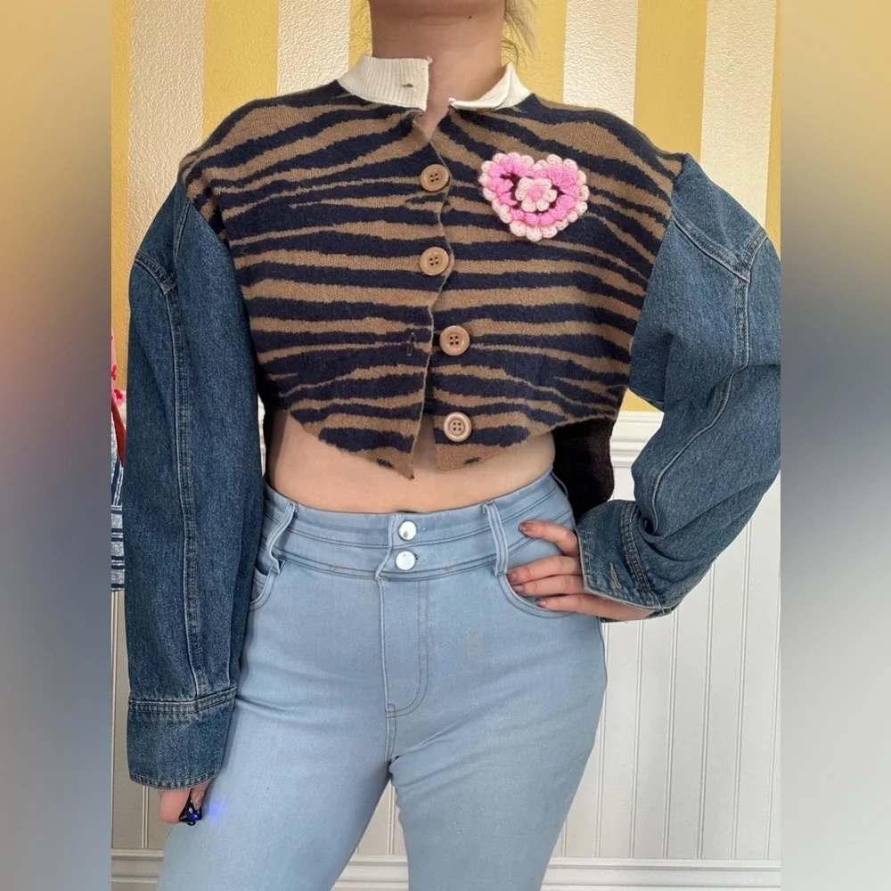 Striped Mix Fabric Denim Sleeve Jacket - Picture 1 of 6
